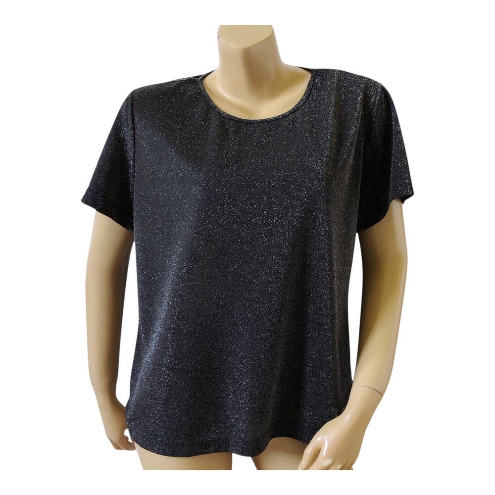 California Concepts Black Silver Shimmer Top Womens Large Vintage Short Sleeve